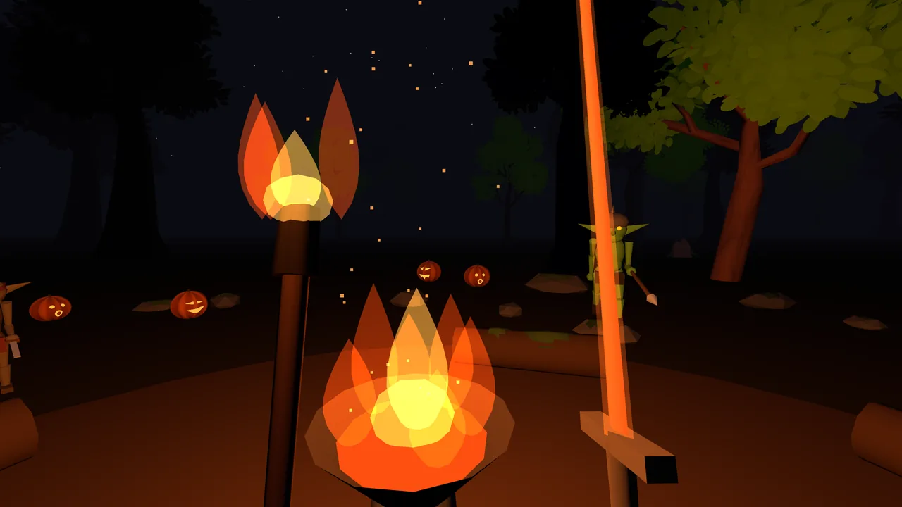 Screenshot: defending the campfire in the Pumpkin Fields