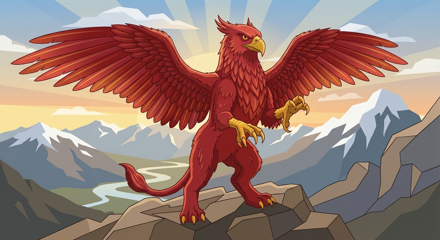 Griffin Vector logo: a red griffin with spread wings standing on a mountain peak at sunrise